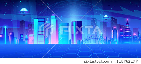 Futuristic city background with wireframe dome 119762177