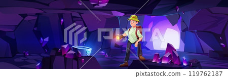 Male traveler exploring dark cave Male traveler exploring dark cave 119762187