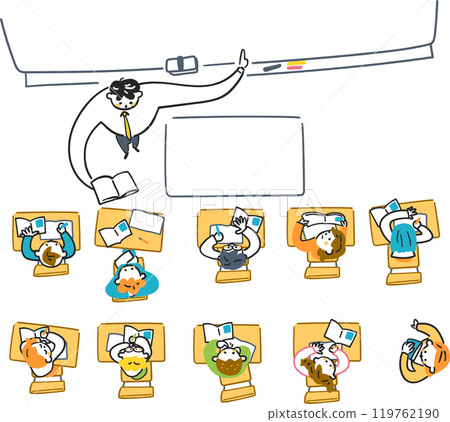 Elementary school class scene, classroom with a slightly lazy atmosphere, overhead view, stock illustration material Elementary school class scene, classroom with a slightly lazy atmosphere, overhead view, stock illustration material 119762190