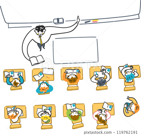 小學課堂場景，學生專心聽課，俯視圖，庫存插畫素材 119762191