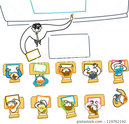 Elementary school class scene: Students taking a class using a tablet, overhead view, stock illustration 119762192