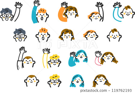 Smiling elementary school student and elementary school student raising their hand set stock illustration material Smiling elementary school student and elementary school student raising their hand set stock illustration material 119762193