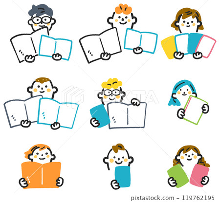 Stock illustration of a set of elementary school students holding textbooks, books, and notebooks 119762195