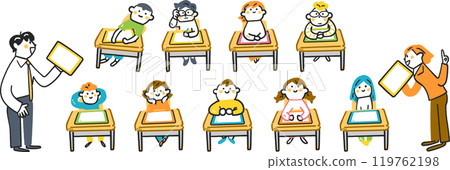 庫存插畫資料集，小學生坐在課桌上，桌上放著平板電腦，老師熱情地解釋 119762198