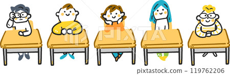 Stock illustration of a set of five elementary school students sitting at a desk Stock illustration of a set of five elementary school students sitting at a desk 119762206