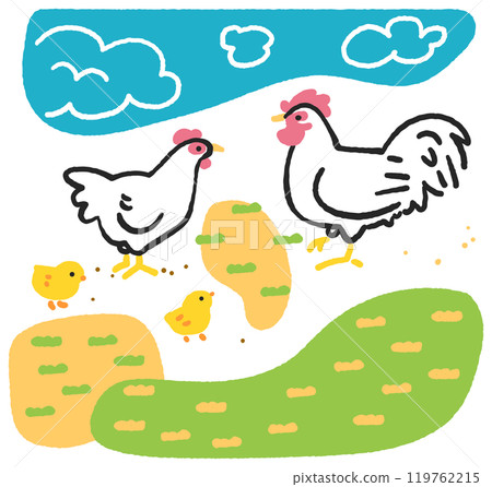 雞一家人在花園玩耍 庫存插畫素材 119762215
