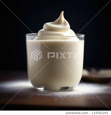 Panna cotta with whipped cream in a glass on a dark background 119762291