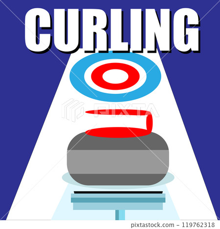 Curling stone on sheet of ice, winter team Olympic sport, ice rink and granite stone, sport concepts, curling game in curling arena, granite stone with red handle and curling broom, sports equipment 119762318
