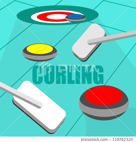 Poster of the winter sport of curling with granite stone on sheet, sports equipment for curling, team Olympic sport, curling broom on the ice arena and with the inscription Curling, sport concepts Poster of the winter sport of curling with granite stone on sheet, sports equipment for curling, team Olympic sport, curling broom on the ice arena and with the inscription Curling, sport concepts 119762320