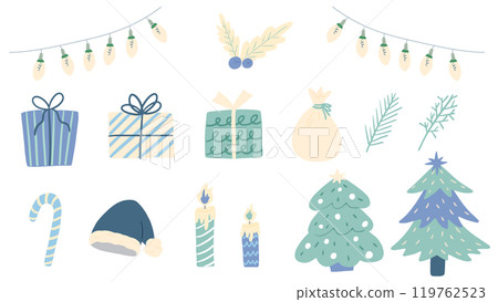 Christmas and party themed light blue decorations, cute hand drawn illustration set 119762523