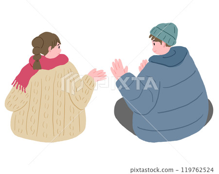 Woman and man in winter clothes sitting and talking smiling, cute hand drawn illustration 119762524