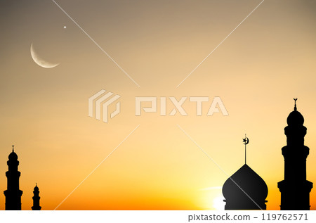 Musque Dome Night Building with Sky Moon Sunset Background Mubaruk Greeting Islam Ramadan Element Masjid Aqsa Hajj Kaaba Umrah Eid Arabian Religion Islamic Muhammad Arab Muslim Greeting. 119762571