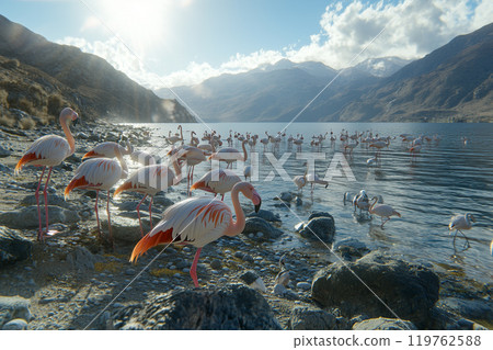 Flamingos by the Blue Lagoon on a Sunny Day 119762588