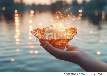 Hand Holding Melting Ice Cream in Waffle Cone 119762589