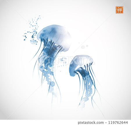 Ink painting of gracefully floating blue jellyfishes. Traditional oriental ink painting sumi-e, u-sin, go-hua. Translation of hieroglyph - zen. Ink painting of gracefully floating blue jellyfishes. Traditional oriental ink painting sumi-e, u-sin, go-hua. Translation of hieroglyph - zen. 119762644