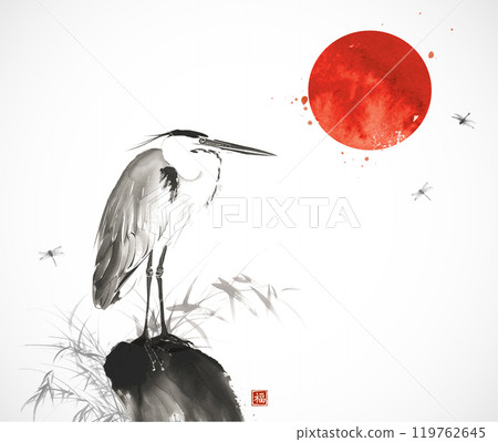 Ink wash painting with big red sun over a heron standing among reeds and dragonflies in flight. Traditional oriental ink painting sumi-e, u-sin, go-hua. Translation of hieroglyph - good luck 119762645
