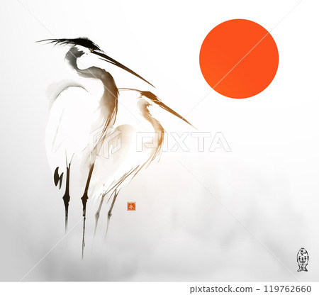 Simple minimalist ink wash painting of of two herons in the mist and big red sun, symbol of Japan. Traditional oriental ink painting sumi-e, u-sin, go-hua. Translation of hieroglyph - eternity Simple minimalist ink wash painting of of two herons in the mist and big red sun, symbol of Japan. Traditional oriental ink painting sumi-e, u-sin, go-hua. Translation of hieroglyph - eternity 119762660