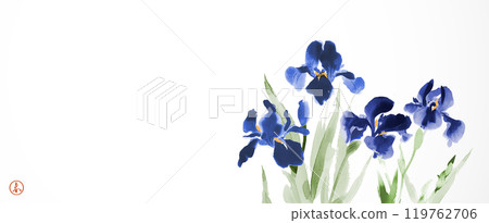 Ink painting of blue iris flowers. Traditional oriental ink painting sumi-e, u-sin, go-hua. Hieroglyph - spring 119762706