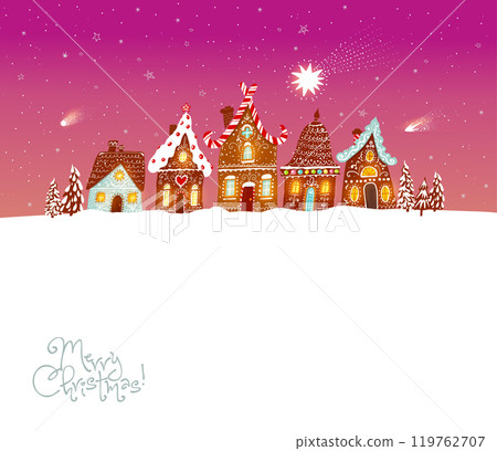 Christmas greeting card with cute gingerbread houses on pink background with shooting stars. Vector illustration with christmas village under the starry sky. 119762707