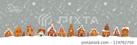 Christmas greeting card with cute gingerbread houses on grey background with stars. Vector illustration with christmas village under the starry sky 119762708