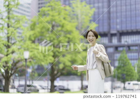 Portrait of a businesswoman walking through an office district 119762741