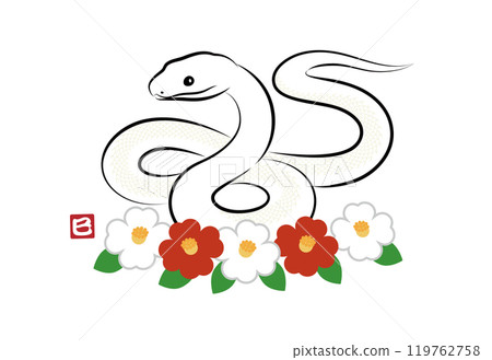 山茶花和八字形吉祥蛇的插圖 時尚的墨繪風格蛇年新年卡片材料 山茶花和八字形吉祥蛇的插圖 時尚的墨繪風格蛇年新年卡片材料 119762758
