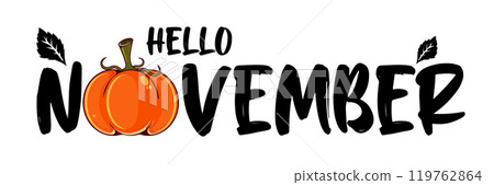 Hello November black text with pumpkin isolated on transparent background. Hello November text sticker png, label png, banner, poster design template Hello November black text with pumpkin isolated on transparent background. Hello November text sticker png, label png, banner, poster design template 119762864