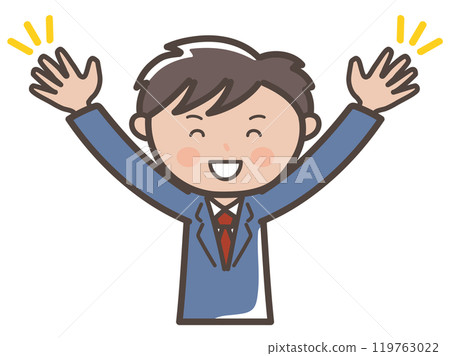 Illustration of a male businessman raising his arms in a big smile 119763022