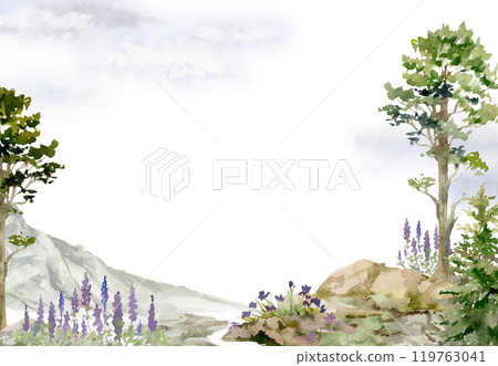 Scenery landscape of northern forest cliffs crags, bushes flowers, pine spruce tree alpine rocks cloudy sky hand drawn in watercolor. Frame for tourism, resort ads, hiking camping sites vacation. Scenery landscape of northern forest cliffs crags, bushes flowers, pine spruce tree alpine rocks cloudy sky hand drawn in watercolor. Frame for tourism, resort ads, hiking camping sites vacation. 119763041