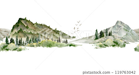 Scenery landscape alpine vista, coniferous forest fir spruce trees, mountains fields hills pasture land, hand drawn in watercolor. Seamless banner. Tourism, resort ads, hiking camping sites, vacation. Scenery landscape alpine vista, coniferous forest fir spruce trees, mountains fields hills pasture land, hand drawn in watercolor. Seamless banner. Tourism, resort ads, hiking camping sites, vacation. 119763042