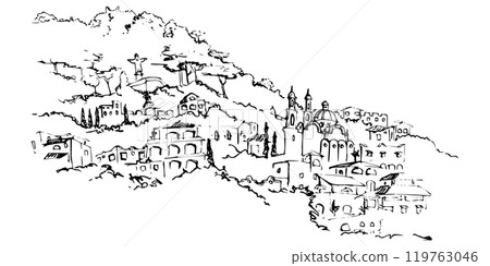South Central America mountain slope with city buildings houses trees, religious monument cityscape. Hand drawn ink vector illustration, isolated scenic landscape. Design travel, vacation, brochure South Central America mountain slope with city buildings houses trees, religious monument cityscape. Hand drawn ink vector illustration, isolated scenic landscape. Design travel, vacation, brochure 119763046