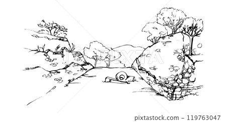 Mesoamerica ancient religious temple pyramid ruins in jungle, playing field with sculptures archaeology. Hand drawn ink vector illustration, isolated scenic landscape. Design travel, vacation brochure Mesoamerica ancient religious temple pyramid ruins in jungle, playing field with sculptures archaeology. Hand drawn ink vector illustration, isolated scenic landscape. Design travel, vacation brochure 119763047