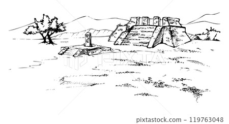 Mesoamerica Aztec ancient pyramid ruins on plain grassy field with tree, mountains hills backdrop. Hand drawn ink vector illustration, isolated scenic landscape. Design travel, vacation, brochure Mesoamerica Aztec ancient pyramid ruins on plain grassy field with tree, mountains hills backdrop. Hand drawn ink vector illustration, isolated scenic landscape. Design travel, vacation, brochure 119763048
