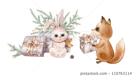 Watercolor Christmas cute winter hare and fox with New Year's garland, tree branch in wooden box and gift box with golden bow. Hand painted fir-needle and pine cone illustration on isolated. Watercolor Christmas cute winter hare and fox with New Year's garland, tree branch in wooden box and gift box with golden bow. Hand painted fir-needle and pine cone illustration on isolated. 119763114