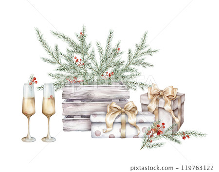 Watercolor illustration with glasses of white wine or champagne. Christmas tree branch with red berry of ilex in wooden box made. Hand drawn New Year alcohol beveragea and gift box. 119763122