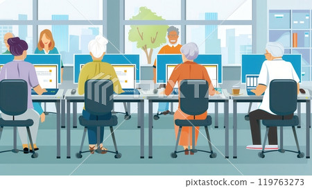 A group of elderly learners are actively participating in computer courses, using laptops and desktops to enhance their digital literacy. Generative AI 119763273