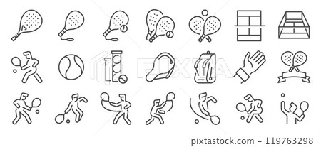 Padel tennis out icon set. It included contexts such as padel tennis, racket, paddle, player, ball, playing, and more. Editable Vector Stroke. Padel tennis out icon set. It included contexts such as padel tennis, racket, paddle, player, ball, playing, and more. Editable Vector Stroke. 119763298