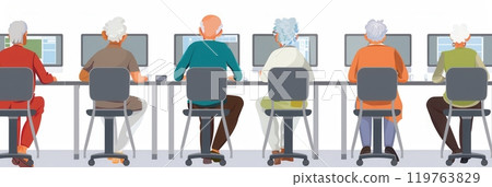 A group of elderly participants is focused on learning computer skills while working on laptops and desktops in a classroom setting. Generative AI A group of elderly participants is focused on learning computer skills while working on laptops and desktops in a classroom setting. Generative AI 119763829