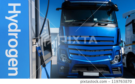 A hydrogen fuel cell semi truck near filling station. Eco-friendly commercial vehicle concept A hydrogen fuel cell semi truck near filling station. Eco-friendly commercial vehicle concept 119763870