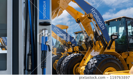 Hydrogen fueling nozzle on a background of fuel cell construction machines. Concept. 119763897