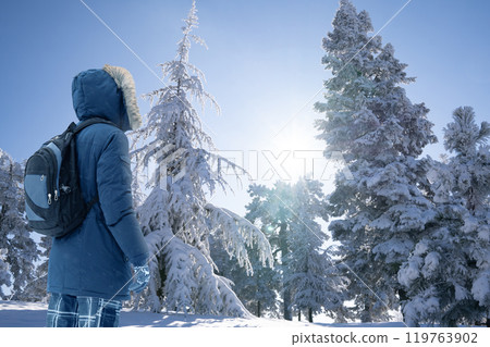 Back view of traveler in a blue jacket with a fur hood and a backpack on the background of a winter landscape during snowfall. Back view of traveler in a blue jacket with a fur hood and a backpack on the background of a winter landscape during snowfall. 119763902
