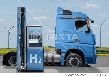 A hydrogen fuel cell semi truck with H2 gas cylinder onboard next to filling station. Eco-friendly commercial vehicle concept. 119763937