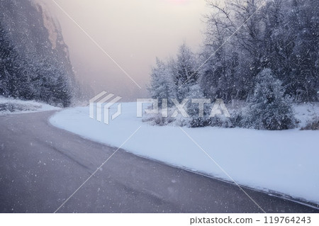LIGHT ON LIGHT BLUE FROSTY SKY, BRIGHT WINTER BACKDROP 119764243