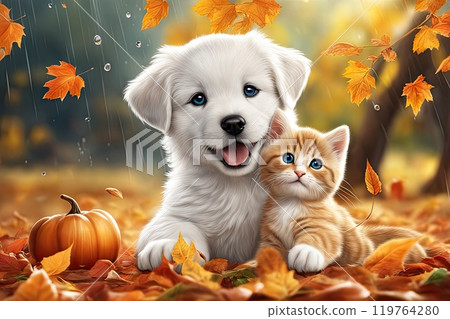 the Animal friendship, cute fluffy friends a cat and a dog 119764280