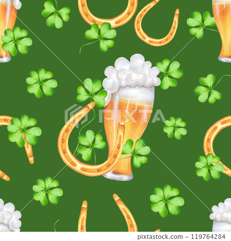 Glass of beer with golden horseshoe and clover petals. Seamless pattern for St. Patrick's Day. Watercolor illustration. Hand drawn isolated art on green background. Symbol of luck, wealth or success Glass of beer with golden horseshoe and clover petals. Seamless pattern for St. Patrick's Day. Watercolor illustration. Hand drawn isolated art on green background. Symbol of luck, wealth or success 119764284