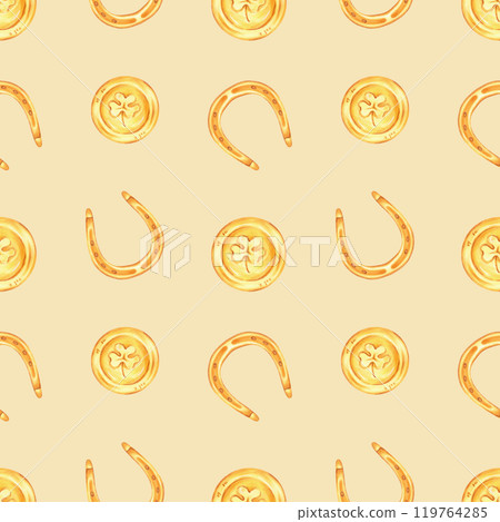 Golden horseshoe and coin. Seamless pattern for St. Patrick's Day. Watercolor and marker illustrations. Hand drawn isolated background. Symbol of luck, wealth or success. Vintage style texture Golden horseshoe and coin. Seamless pattern for St. Patrick's Day. Watercolor and marker illustrations. Hand drawn isolated background. Symbol of luck, wealth or success. Vintage style texture 119764285