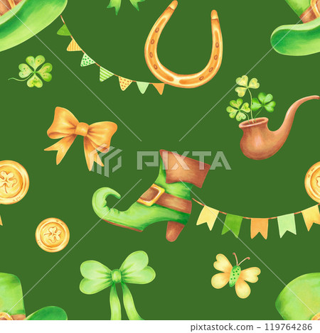 Top hat, golden horseshoe and coin, clover, boot with pipe for St. Patrick's Day. Seamless pattern. Watercolor illustration. Hand drawn art on green background. Symbol of luck, wealth or success Top hat, golden horseshoe and coin, clover, boot with pipe for St. Patrick's Day. Seamless pattern. Watercolor illustration. Hand drawn art on green background. Symbol of luck, wealth or success 119764286