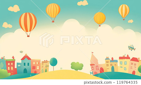 Cute illustration background of hot air balloon and city 119764335