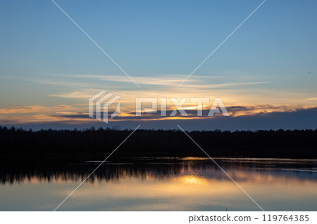 A Beautiful and Tranquil Sunset Over a Still and Calm Lake with Gorgeous Reflections of the Sky A Beautiful and Tranquil Sunset Over a Still and Calm Lake with Gorgeous Reflections of the Sky 119764385