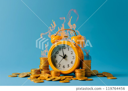 Burning alarm clock with golden coins. Lost investments, burnt savings, inflation concept. Temporary financial difficulties, time out or deadline, wrong decisions. Money on fire, hot sale, shopping. 119764456